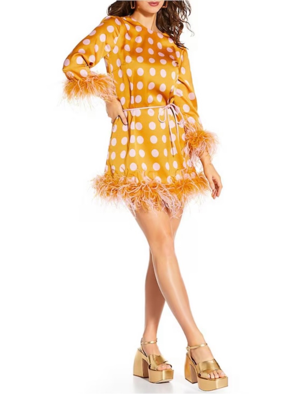 ANTONIO MELANI Mustard Polka Dot Feather-Trim Mini Dress
